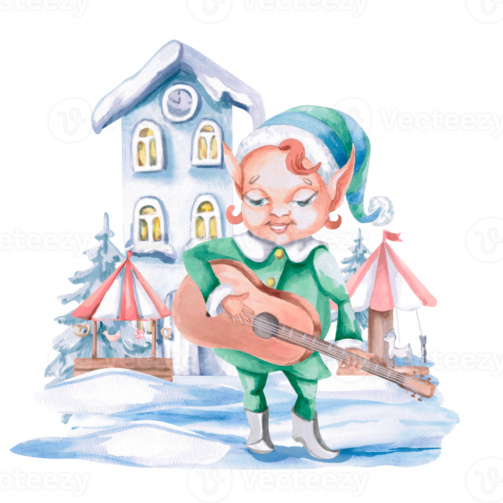 Christmas elf playing guitar against the backdrop of a New Year's fair. Isolated watercolor illustration on the theme of Christmas for the design of postcards, advertising posters, concert tickets. png