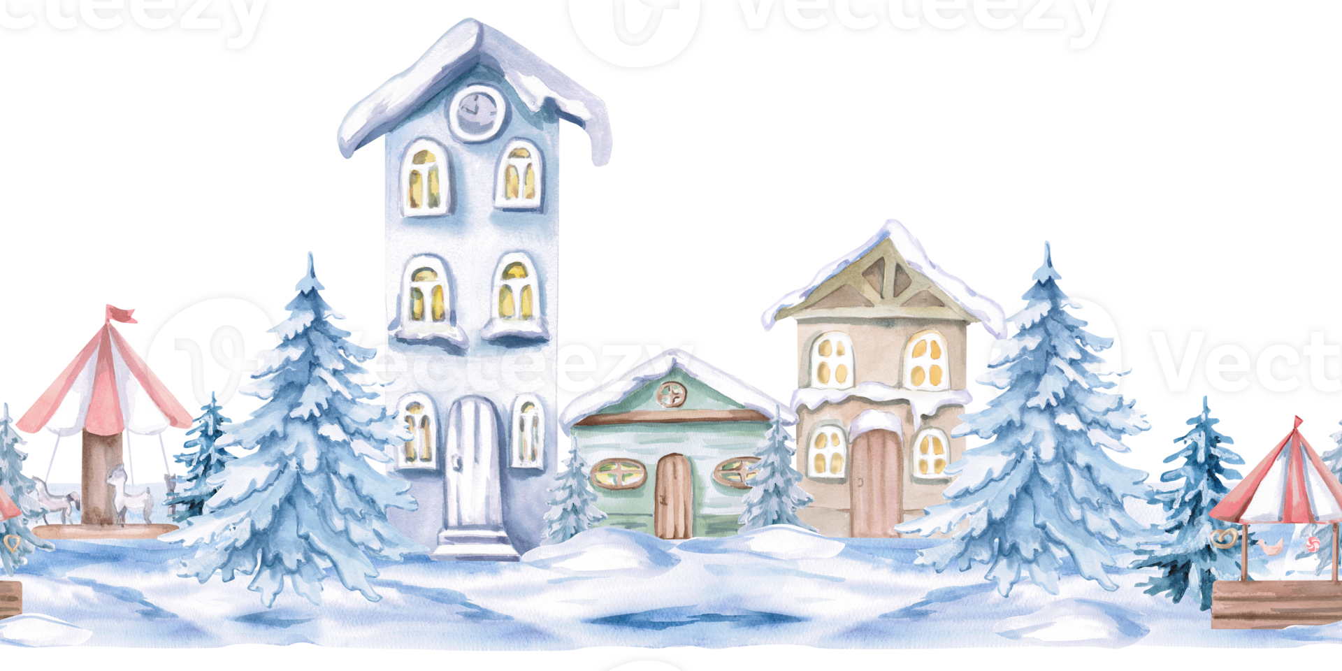 Seamless border with snow-covered houses. Isolated watercolor illustration on Christmas theme for decoration of New Year festivals, concerts, invitations, postcards, interior. png
