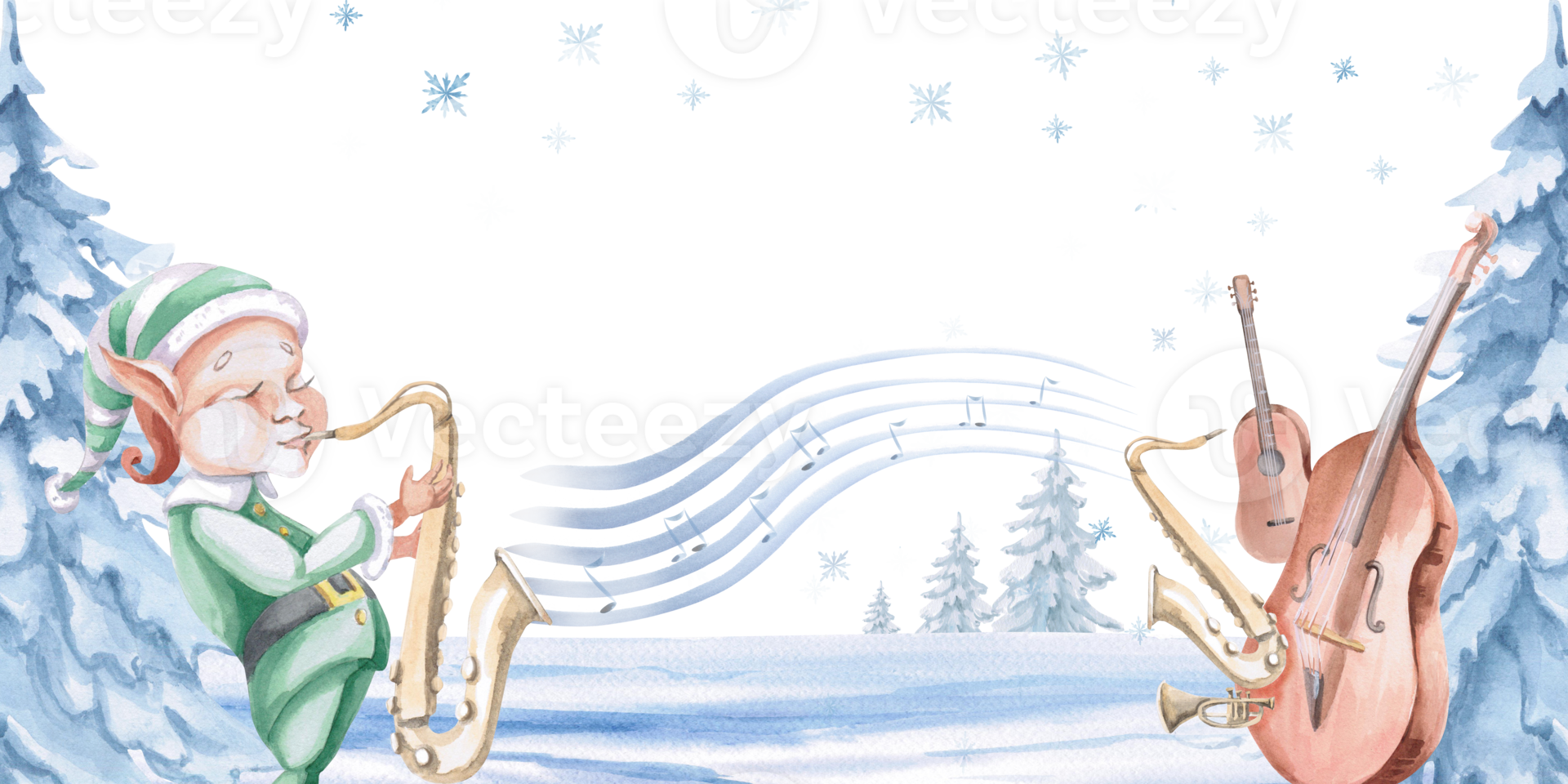 Rectangular frame with elf saxophonist against winter forest background. Isolated watercolor illustration on Christmas theme for postcard design, interior design, printing on clothes and textiles. png