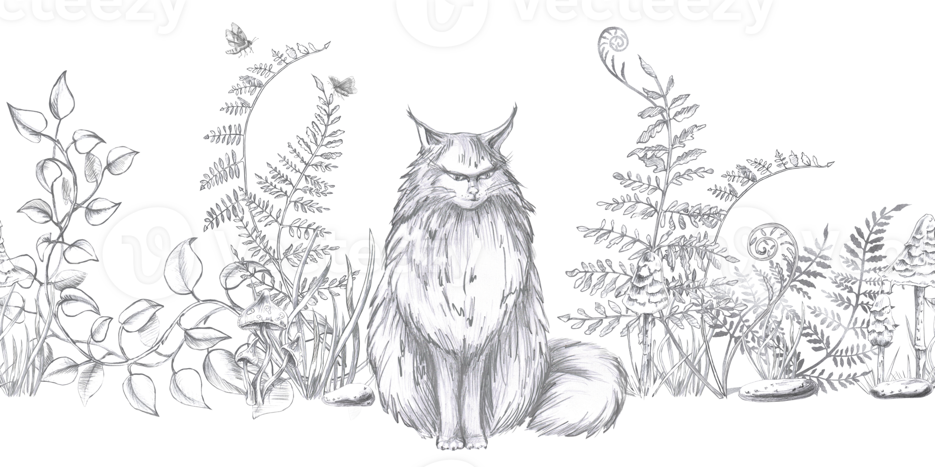 Seamless border with angry cat on fern background. Isolated pencil illustration on magical forest theme for interior design, Halloween cards, invitations, printing on clothes. png
