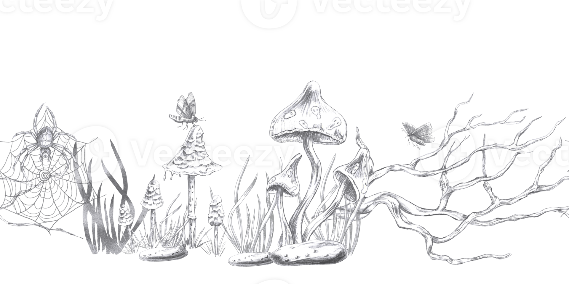 Seamless border with poisonous mushrooms, butterflies and a spider. Isolated pencil illustration on the theme of magic for Halloween event decoration, postcard printing, interior design png
