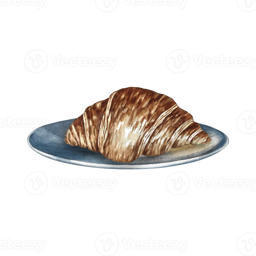 Croissant on a saucer. French pastry. Hand-drawn watercolor illustration. Isolate. Color image. Crescent-shaped puff pastry. For menu and recipe design, labels, packaging, and more. png