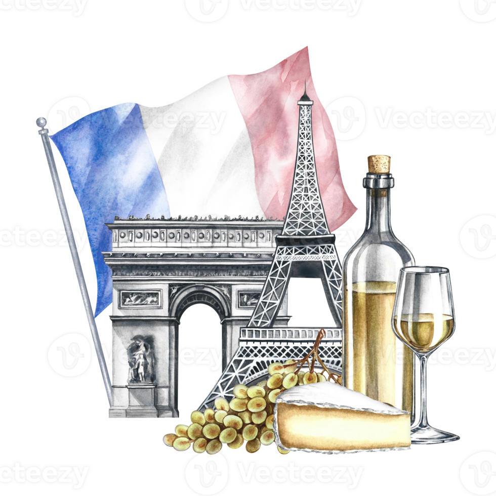 France architecture and products. Hand-drawn watercolor illustration. Bottle of wine, glass, bunch of grapes and cheese, Eiffel Tower and Arc de Triomphe on the background of the French flag. png