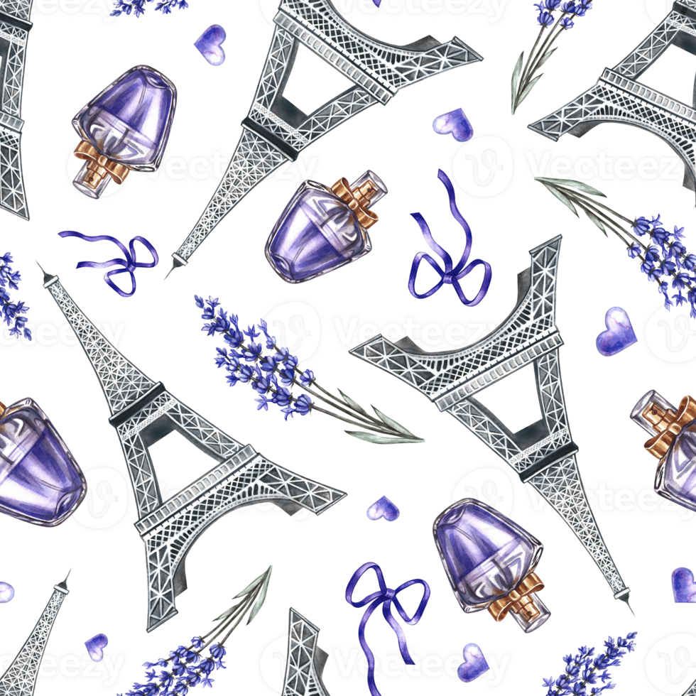 Seamless purple pattern depicting French fashion and beauty. Hand-drawn watercolor illustrations. Perfumes, lavender flowers, and the Eiffel Tower. For textiles, wrapping paper, tablecloths, curtains. png