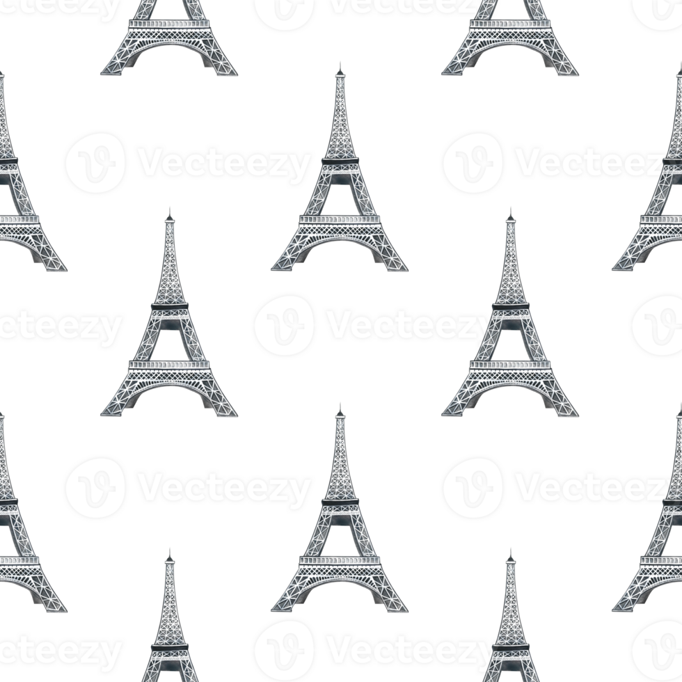 Seamless pattern with the Eiffel Tower. Handmade watercolor illustrations. Beautiful and delicate pattern for textiles, clothing, wrapping paper, tablecloths, and curtains. png