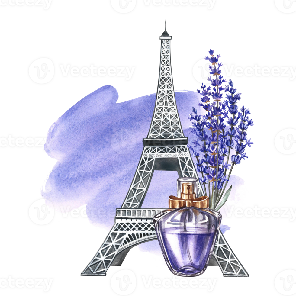 Perfume bottle, lavender flowers and the Eiffel Tower, against a watercolor spot background. Hand-drawn watercolor illustration. For flyers, banners and postcards, packaging, invitations, and stickers png