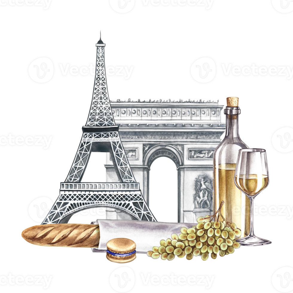 Paris. Hand-drawn watercolor illustration. Bottle of wine, glass, bunch of grapes, and baguette on the background of the Eiffel Tower and the Arc de Triomphe. For labels, banners, and posters and more png