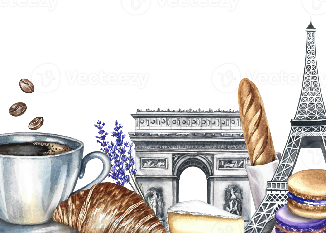 A frame with images of Parisian landmarks and cuisine. Hand-drawn watercolor illustration. Baguette, cheese, croissant, almond biscuit, and a cup of coffee, the Eiffel Tower, and the Arc de Triomphe. png