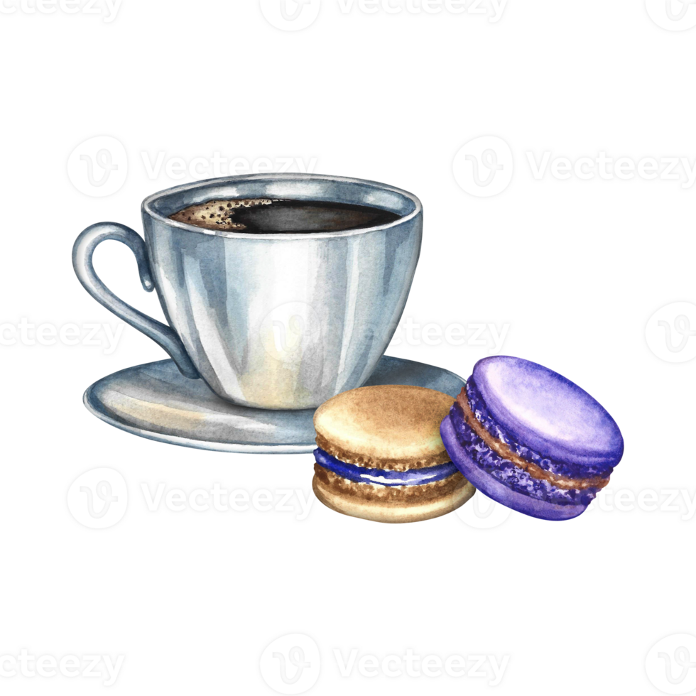 A cup of coffee and a macaroon cookie. Hand-drawn watercolor illustration. Colorful image. French cuisine. For packaging, logos, and labels. For banners, flyers, menus, posters, and more. png