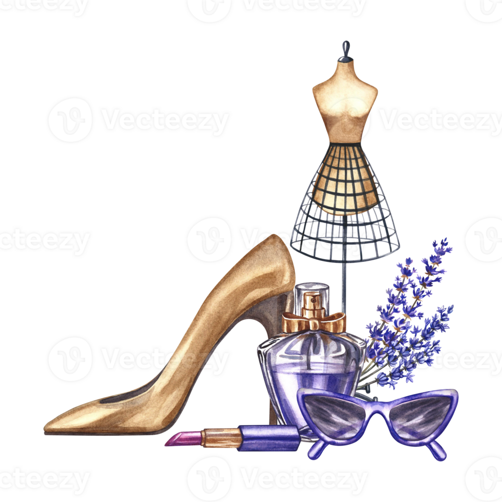 Perfume bottle, lavender flowers, fashion glasses, lipstick, women's shoes, and a tailor's dummy. Hand-drawn watercolor illustrations. Beauty and fashion. International Women's Day. png