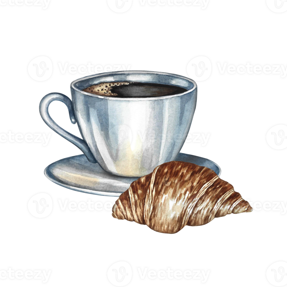A cup of coffee and a croissant. Hand-drawn watercolor illustration. Isolate. Color image. For packaging, logos, and labels. For banners, flyers, menus, posters, and more. png