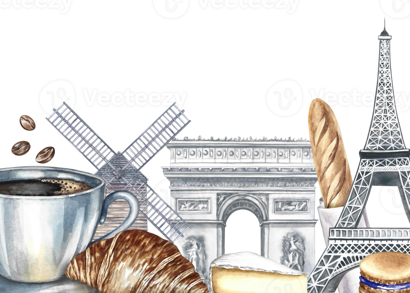 A frame with images of Parisian landmarks and food. Hand-drawn watercolor illustration. Baguette, cheese, croissant, almond biscuit and cup of coffee, Eiffel Tower, Arc de Triomphe, and a mill. png