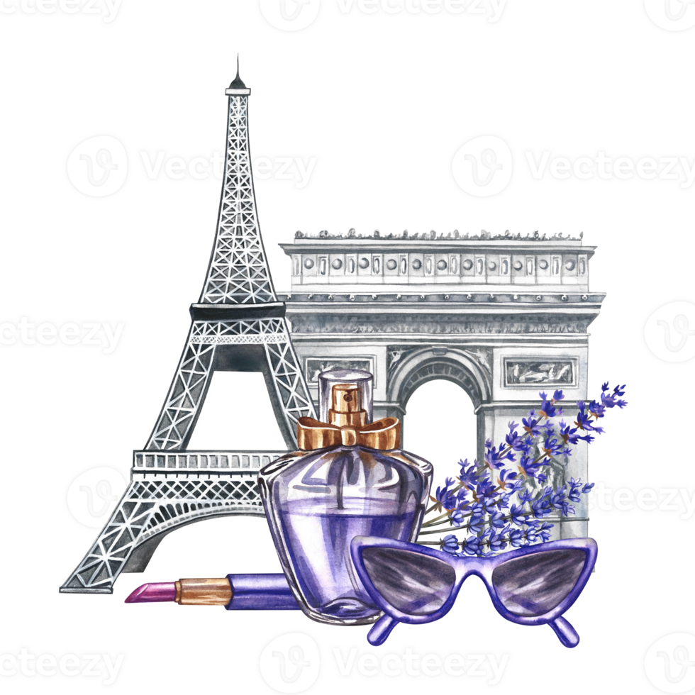 Perfume bottle, lavender flowers, fashion glasses, lipstick against the background of France's landmarks. Hand-drawn watercolor illustrations. Beauty and fashion in Paris. For flyers, banner, postcard png