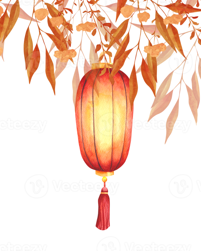 Vertical watercolor illustration of a glowing traditional Chinese lantern with tassel, hanging from floral branches. Ideal for festive or cultural designs. png