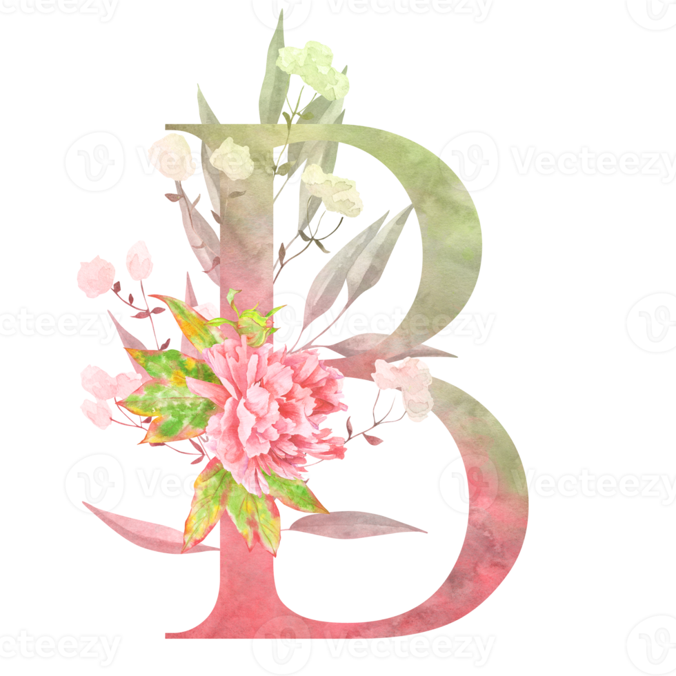 Romantic letter B monogram with delicate hand-painted peonies and subtle botanical accents. A stylish design for personalized gifts or logo creation. png