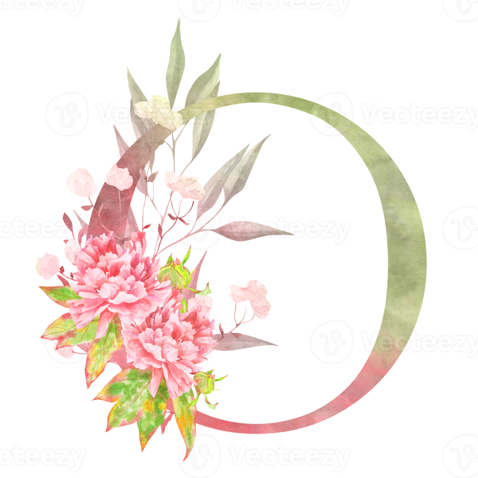 Round floral letter O featuring watercolor flowers in a light, airy palette. A charming detail for monograms and initial-based artwork. png