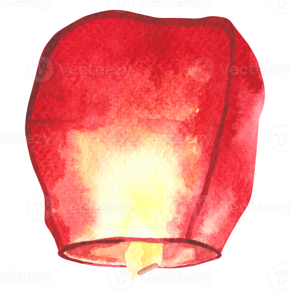 Watercolor illustration of a glowing red sky lantern, symbolizing wishes, hope, and celebration. Perfect for festive designs, Asian holiday png