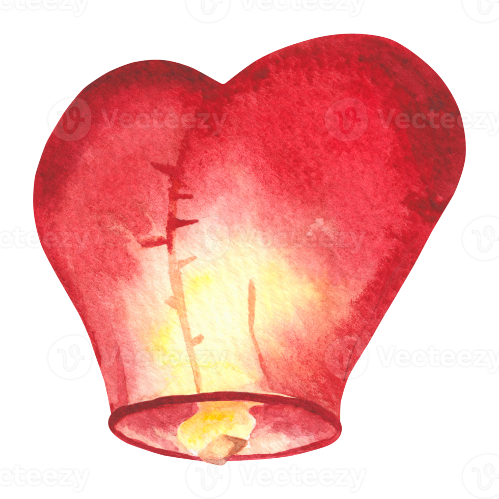 Watercolor illustration of a heart shaped sky lantern glowing warmly. Symbol of love, wishes, and celebration perfect for romantic themes, Valentine's Day, or festive cultural designs. png