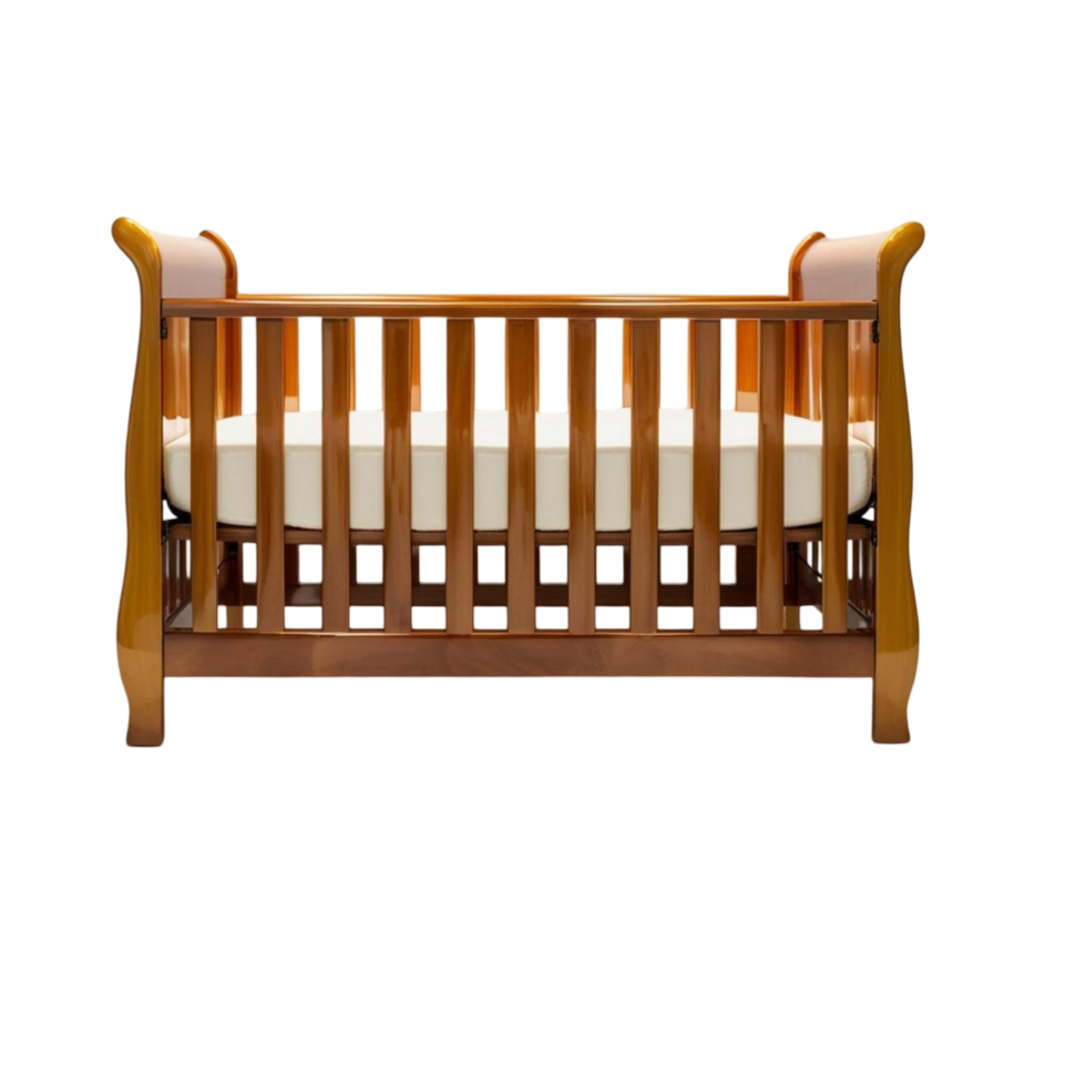 Elegant Wooden Crib with Soft Cream Bedding png