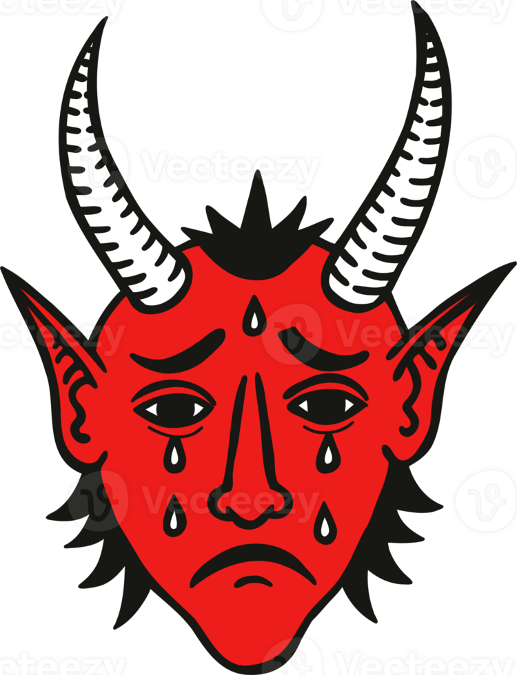 Red crying devil head with horns, teardrops, and a sad expression in American traditional tattoo style png