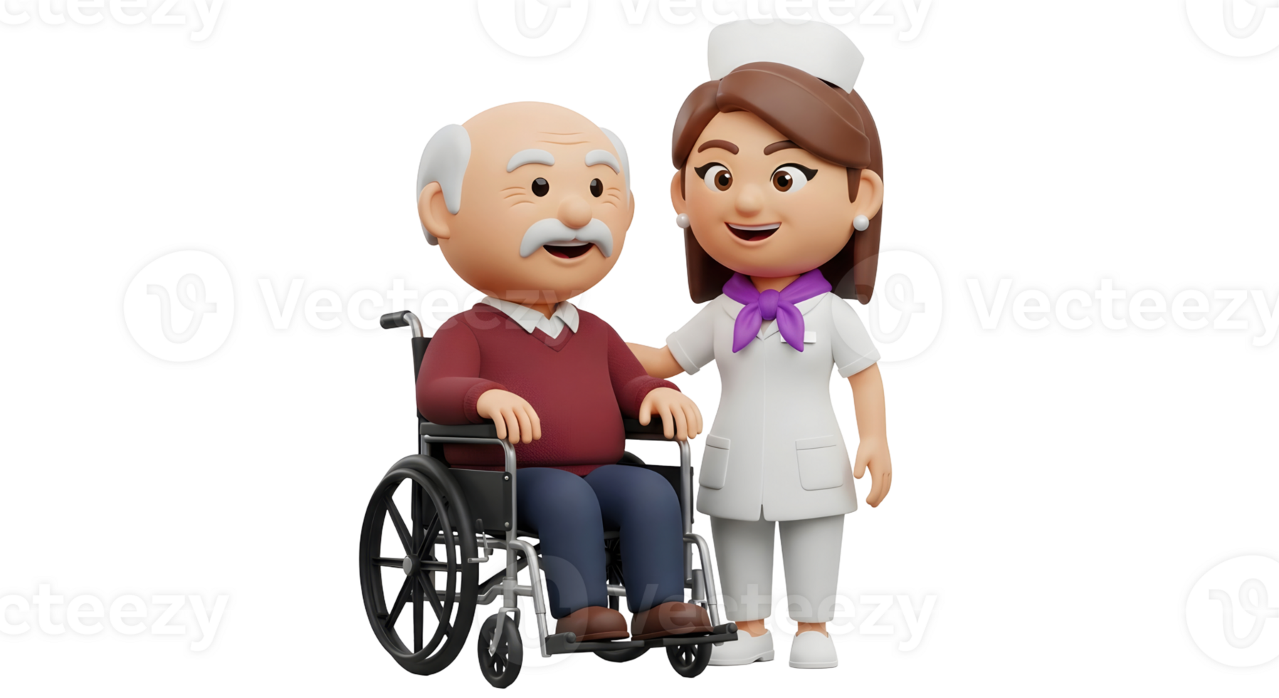 Woman nurse helping an elderly man in a wheelchair. Caregiver supporting senior patient. Healthcare and home assistance concept on transparent background. png
