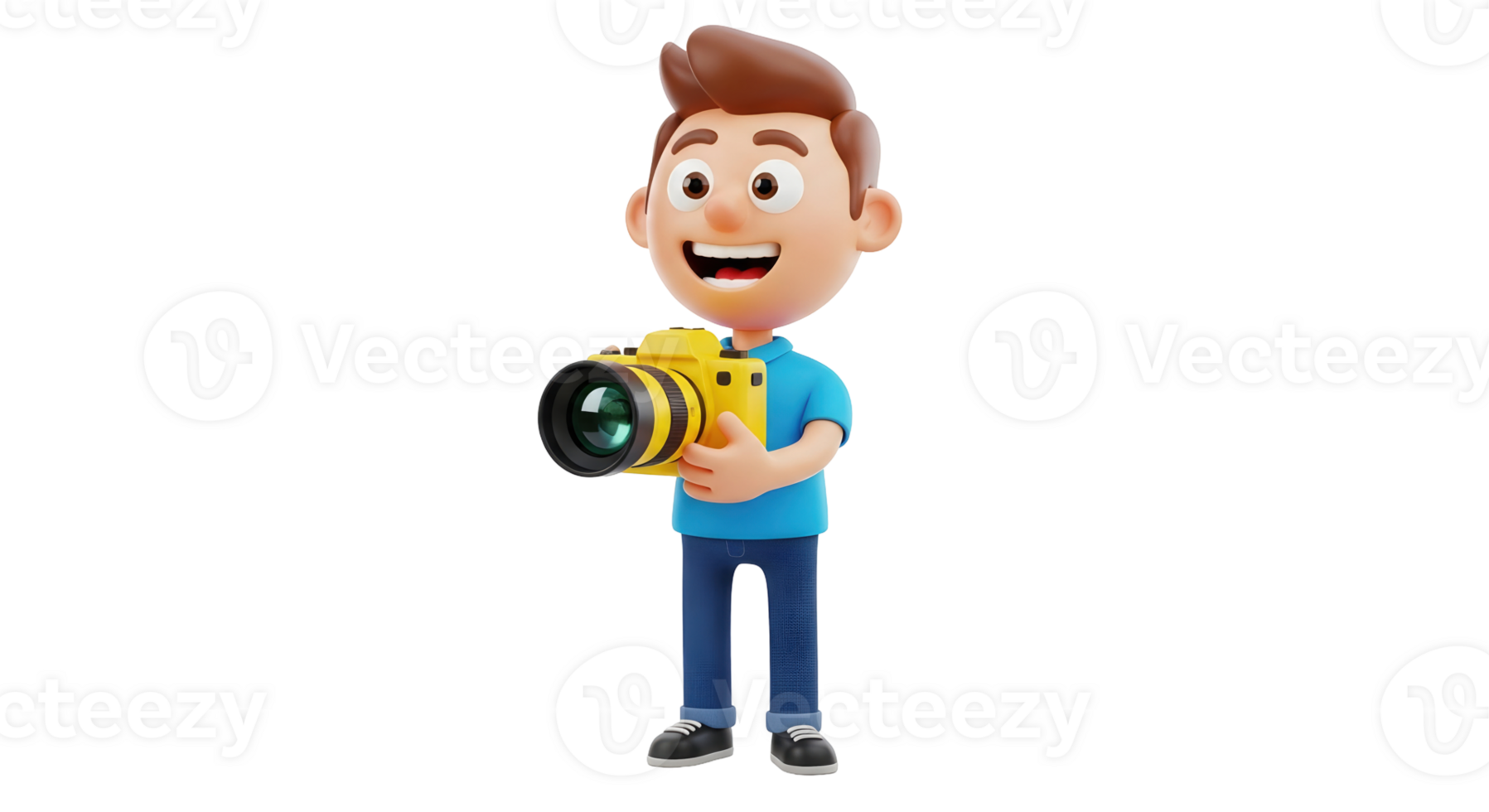 A cartoon boy holding a photographic camera in a playful 3d character rendering, perfect for children media on transparent background. png