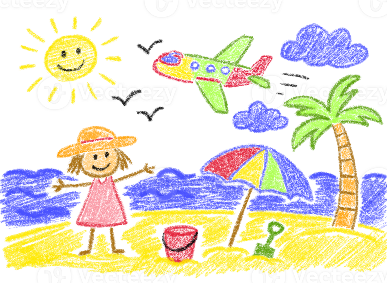 Child drawing of a woman on a summer beach with a palm tree, umbrella, ocean, plane, birds, and sun. Children's art style for holiday. png
