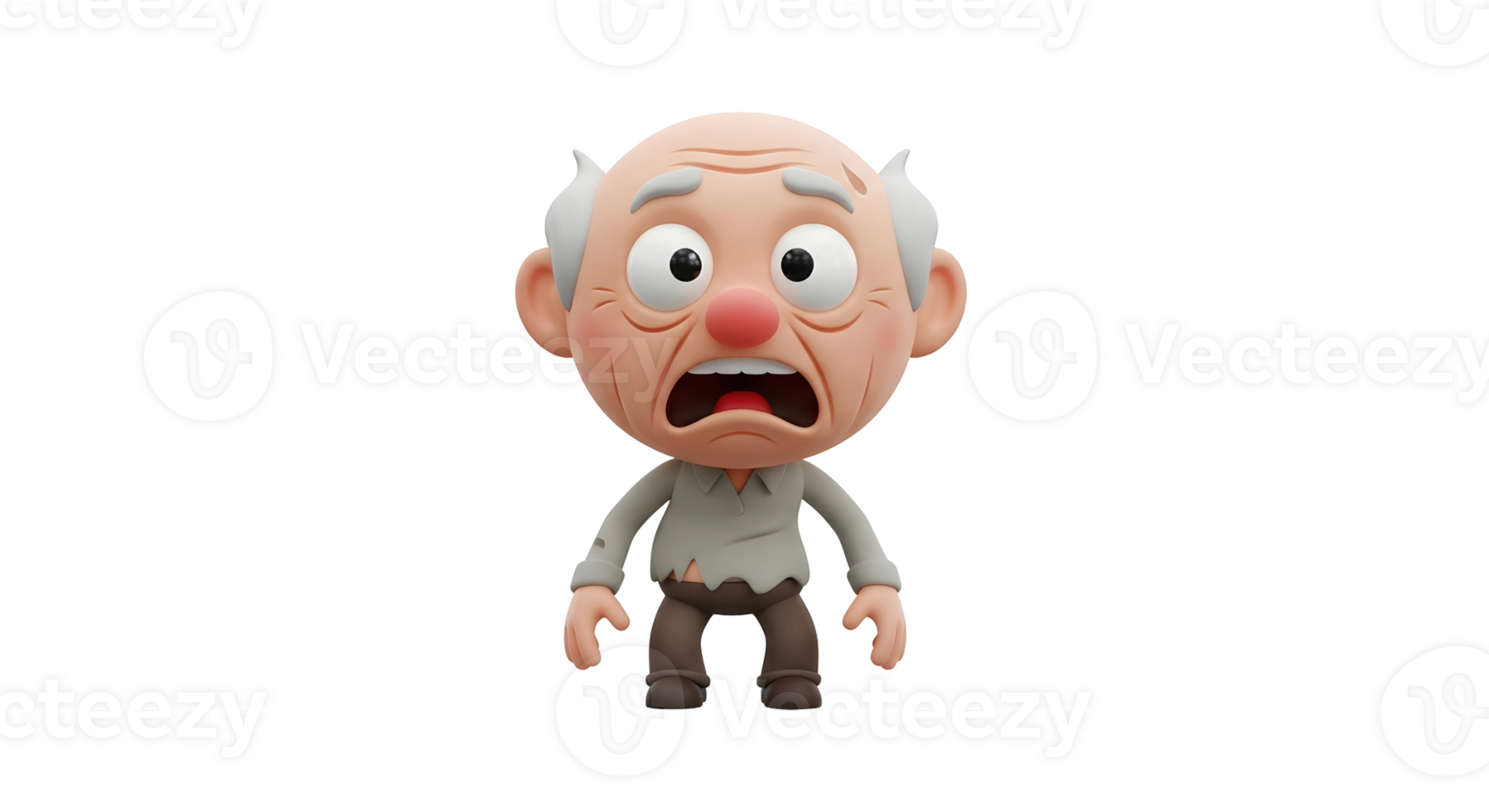 An old man character with gray hair and a sad, terrified expression, 3d render. Cute cartoon style senior person for emotional concept on transparent background. png