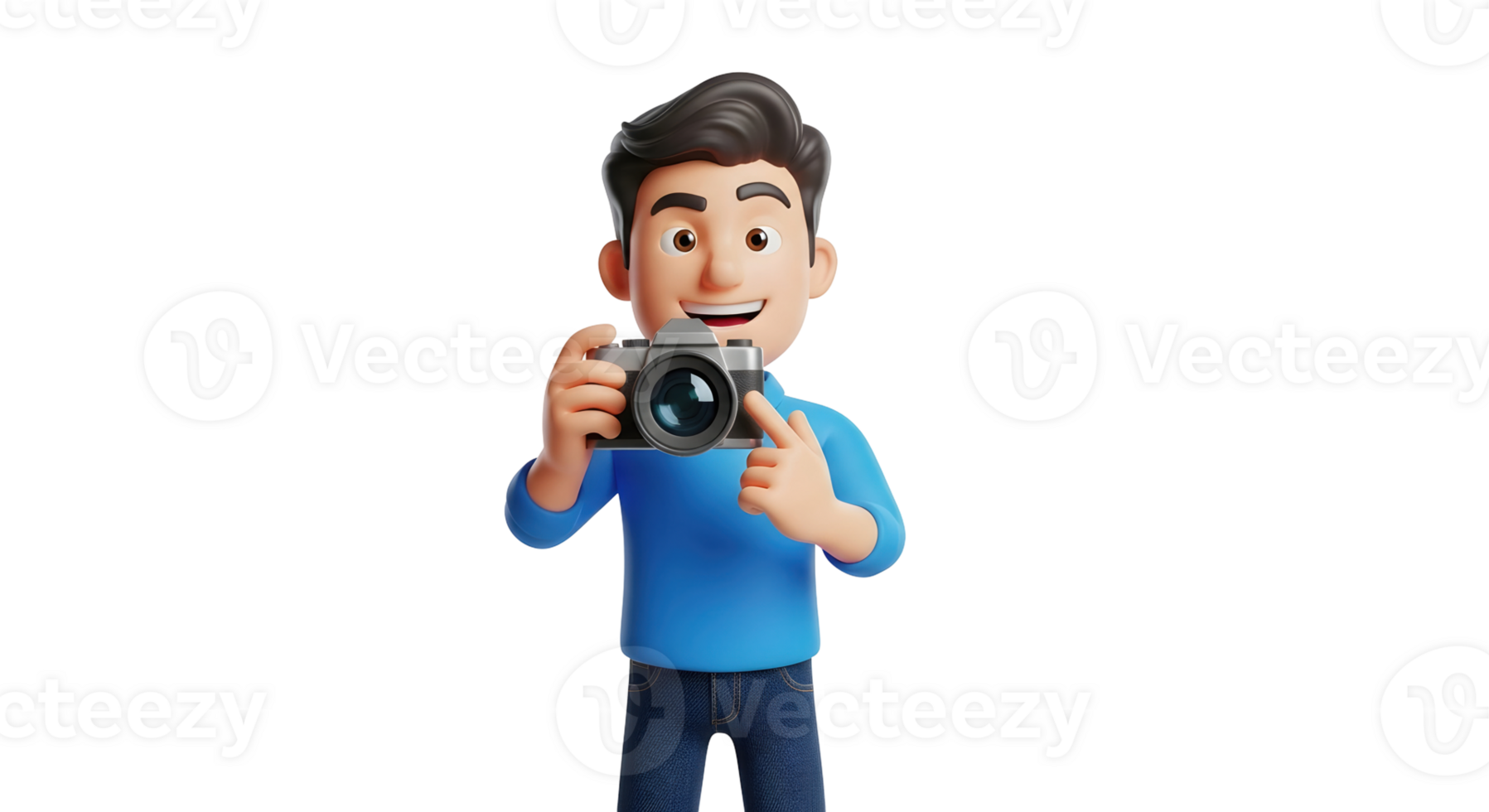 Smiling man photographer character holding a camera. Concept of capturing moments and photography hobby on transparent background. png