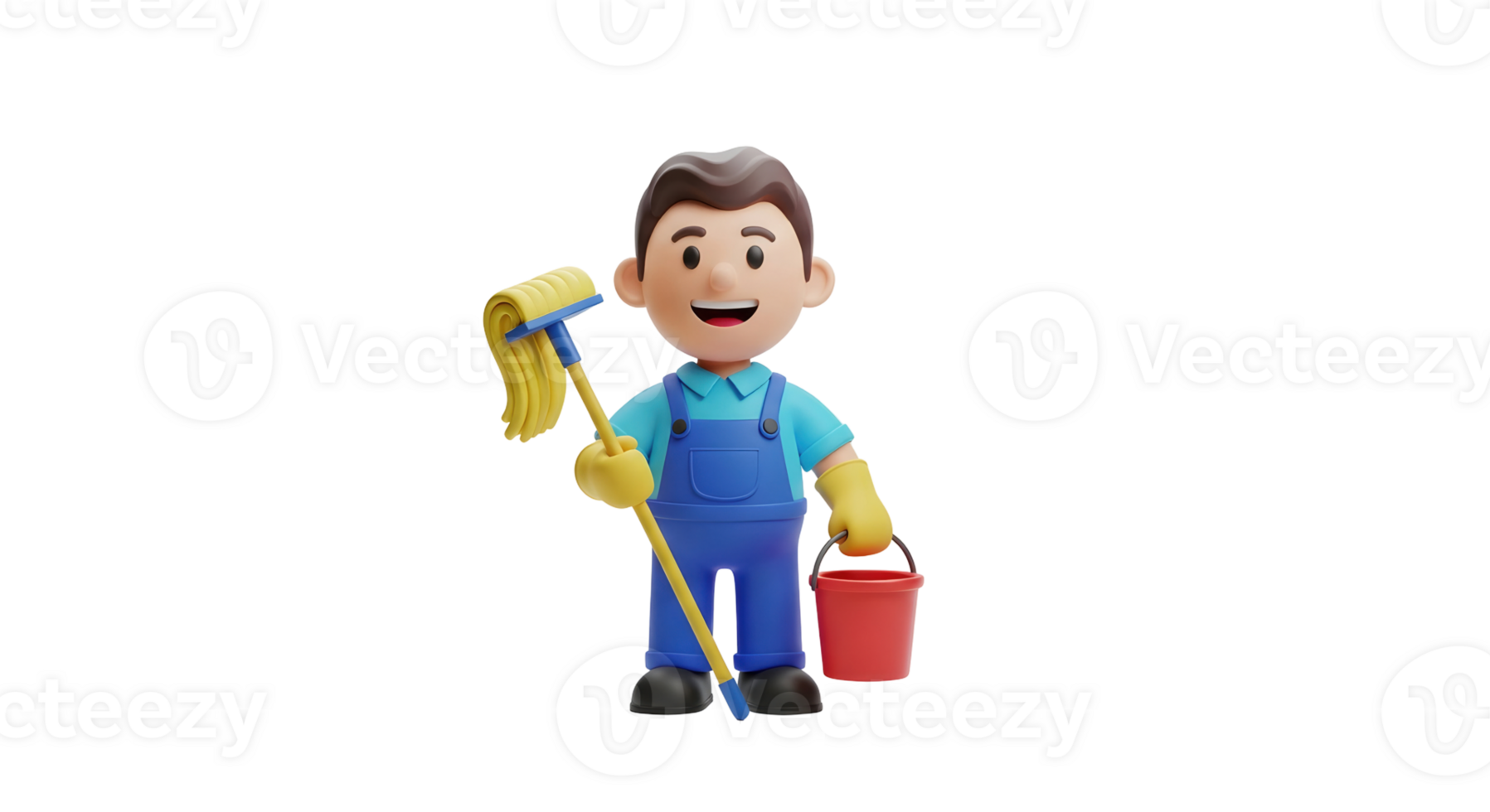Cartoon man cleaner holding a mop and bucket on transparent background. Cleaning service worker character for household chores. png