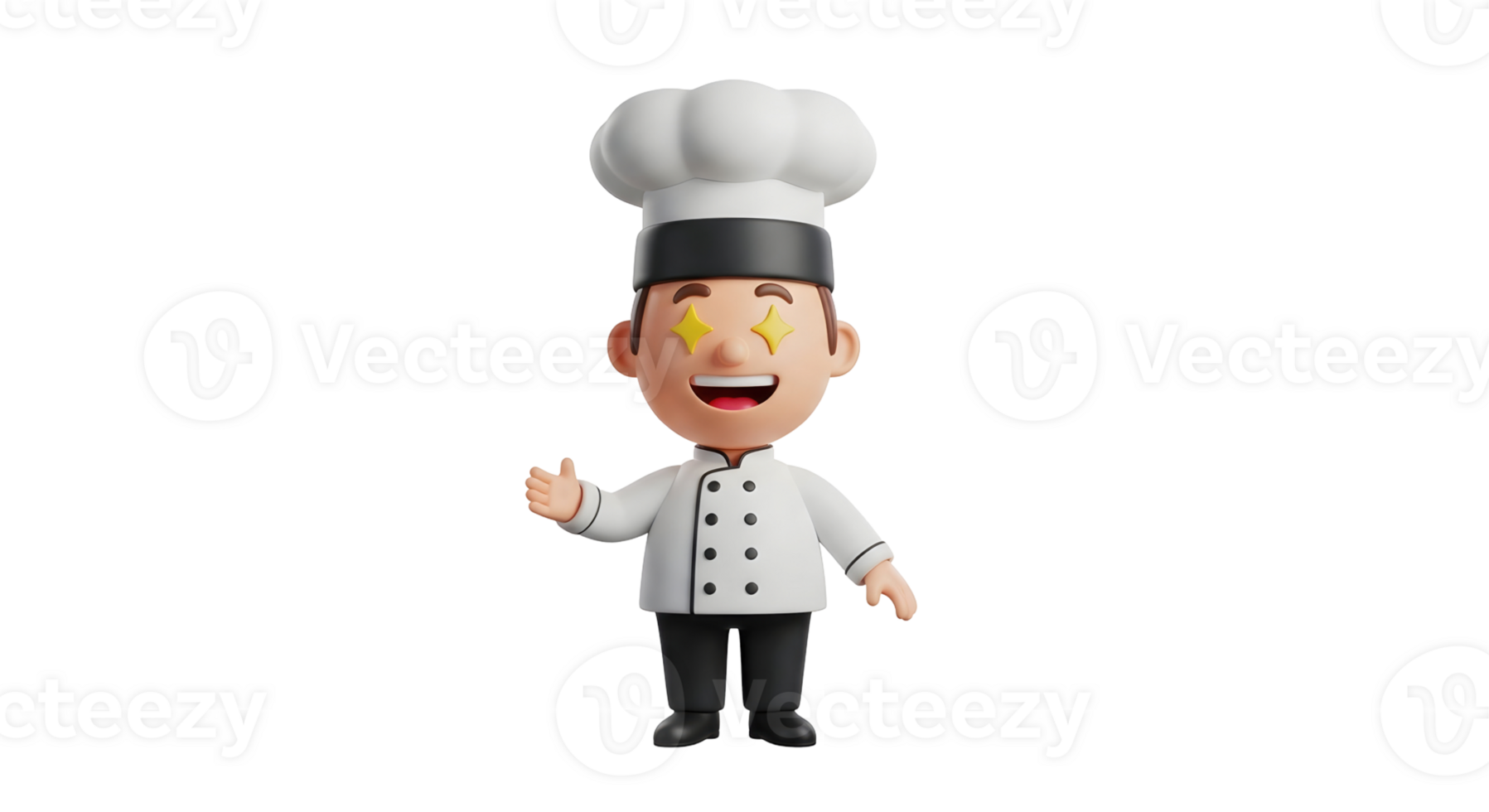 Happy 3d chef man character with star eyes and welcoming gesture, cartoon cook on transparent background. png