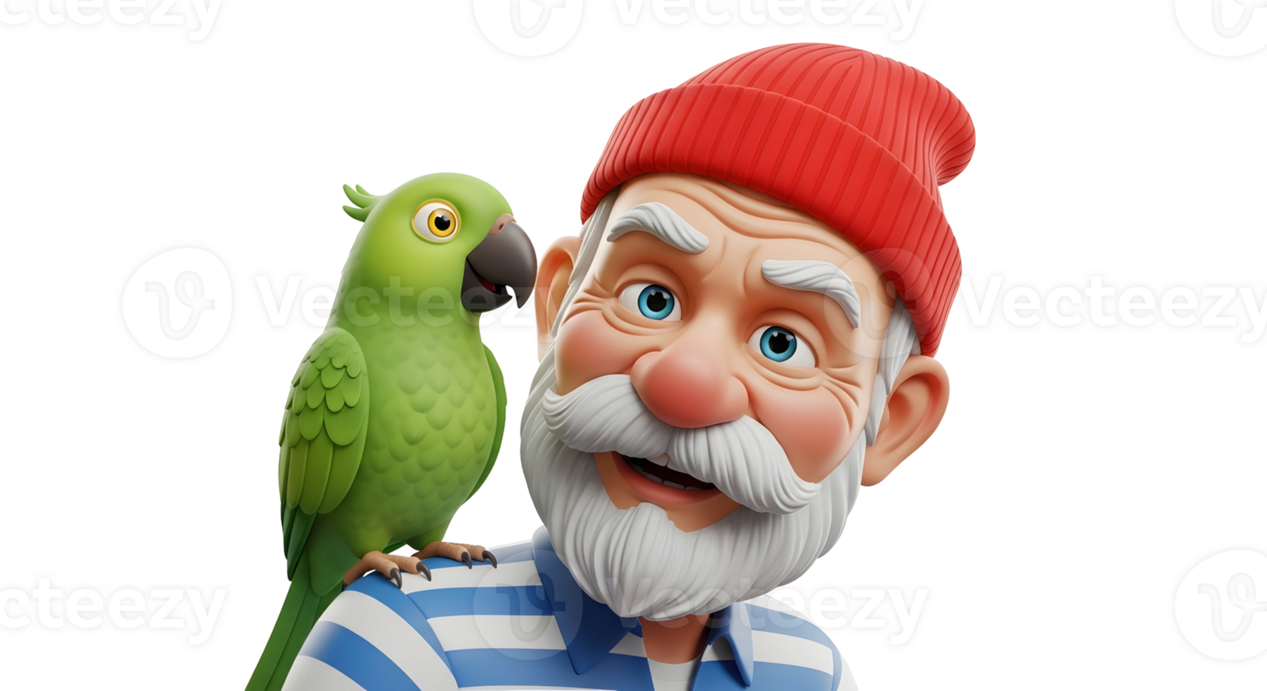 Cartoon man with white beard and red hat with a green parrot on his shoulder, 3d render on transparent background. png