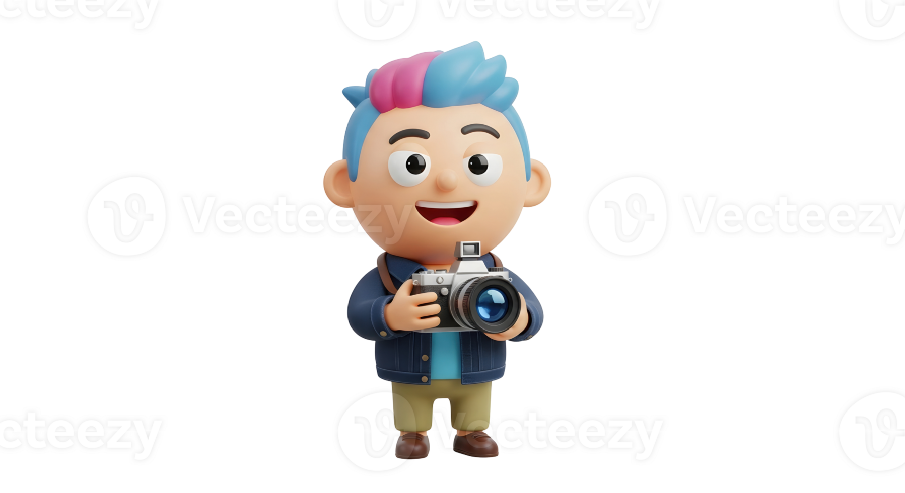 Cartoon boy photographer with camera stands. Funny character for creative hobby and art. 3D render on transparent background for advertising. png