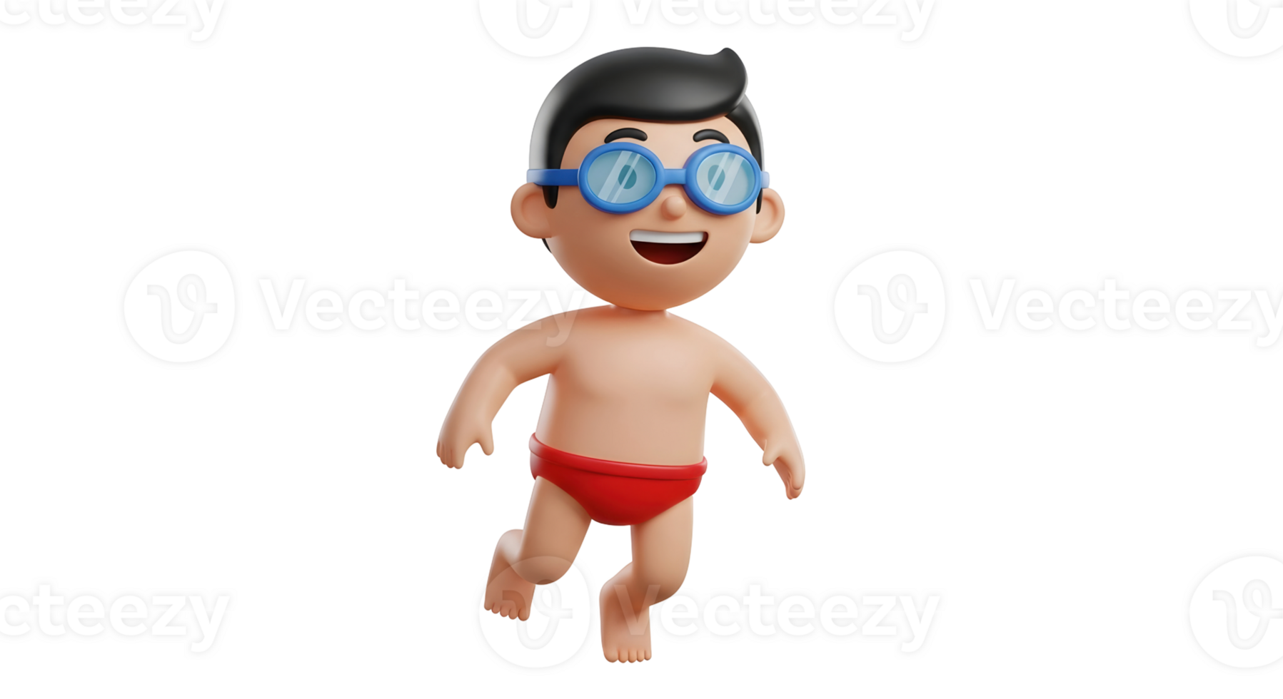Cartoon man with goggles and red swim brief in swimming pose. Summer vacation concept. Isolated on transparent background for advertising. png