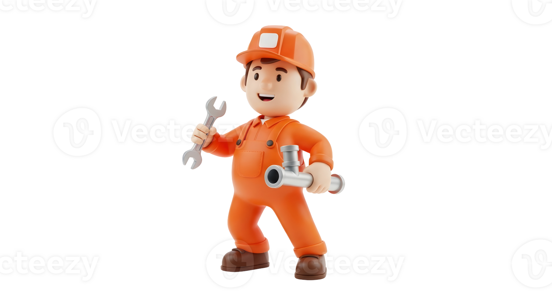 Cartoon man plumber with a wrench and pipe on transparent background. Service and repair concept. Professional worker. png