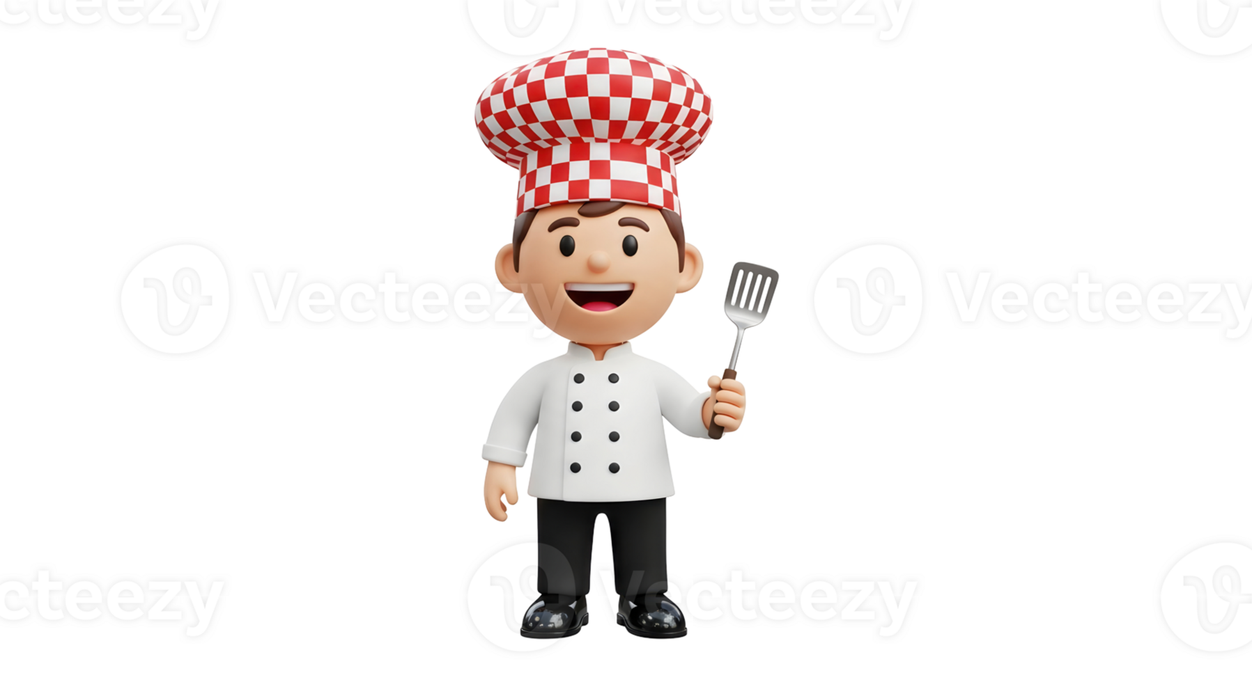 A 3d render of chef cartoon male character in uniform with spatula. Cute cook for restaurant menu design on transparent background. png