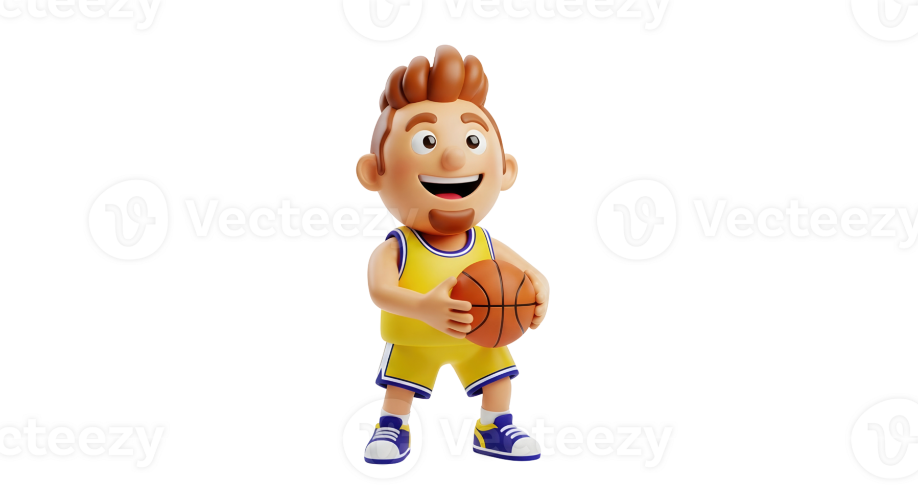 Smiling 3d cartoon male basketball player character holding a ball on transparent background. Sport game concept for children's activity. png