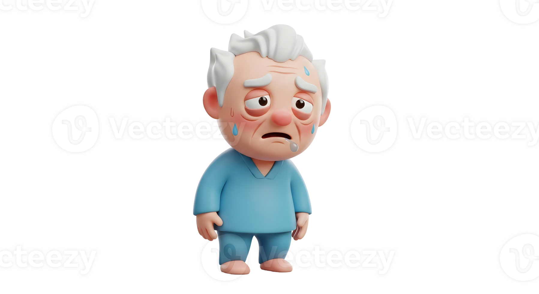 Cute elderly man character with sweaty and drooling expression. Sick old male cartoon with face of illness on transparent background. png