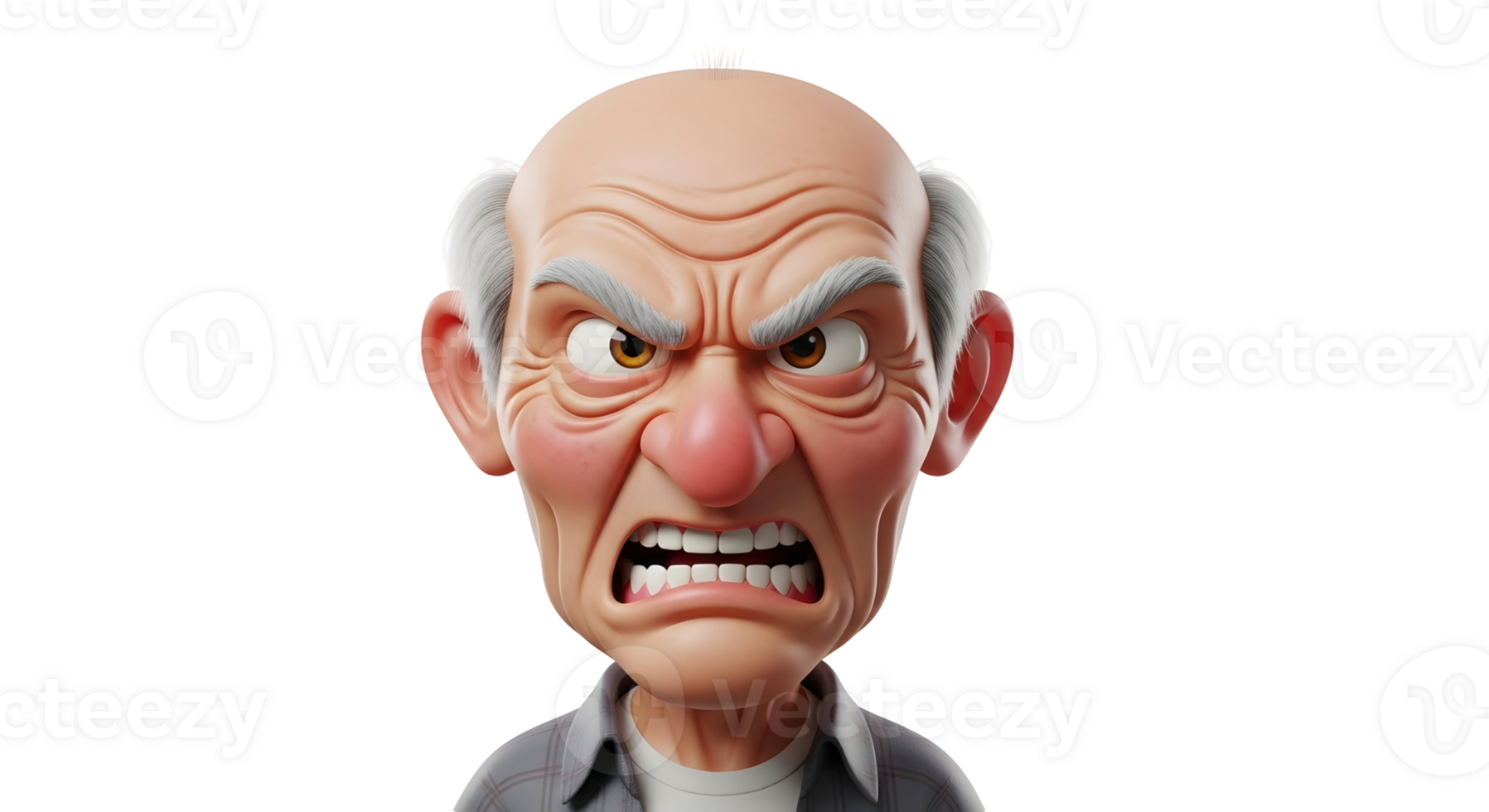 An angry older man, cartoon character illustration with a furious facial expression, on transparent background. Negative emotion concept. png