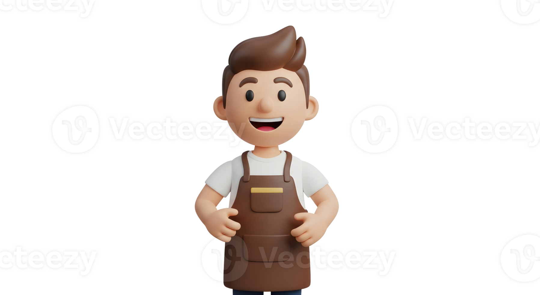 Happy 3d character of a man wearing a brown apron. Smiling cartoon male barista or shop assistant on transparent background. png