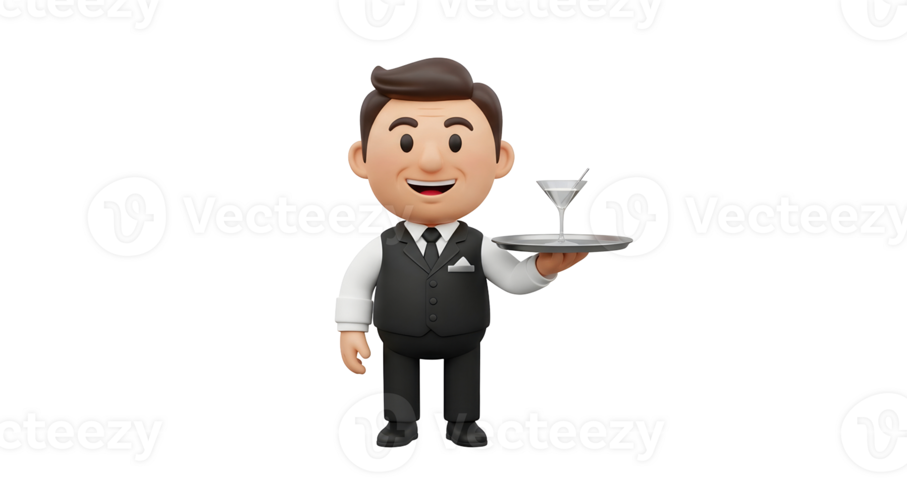 Happy waiter in black vest holding tray with martini glass. Cheerful cartoon character for restaurant and hospitality concept.. Transparent background png