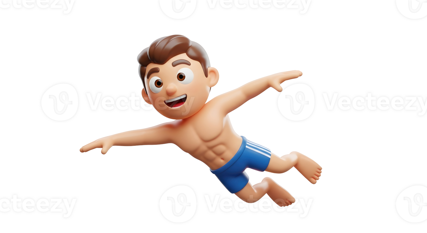 Caucasian little boy swimming or flying. Cartoon character kid in blue shorts. Fun activity illustration for summer vacation concept.. Transparent background png