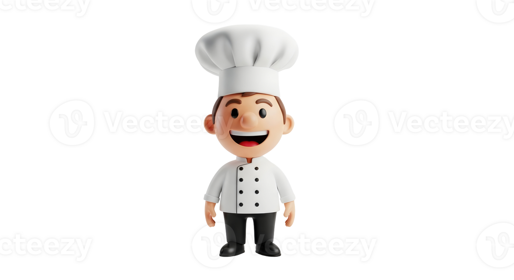 A 3D render of a smiling man chef cartoon character in a white uniform and hat, on transparent background, for culinary concept. png