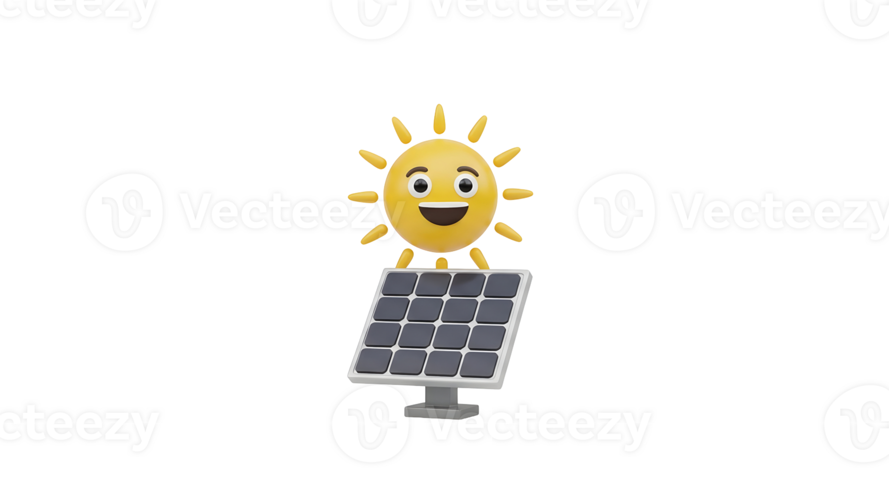 Happy sun character with solar panel, generating green electricity. Clean energy and sustainable power concept on transparent background. png