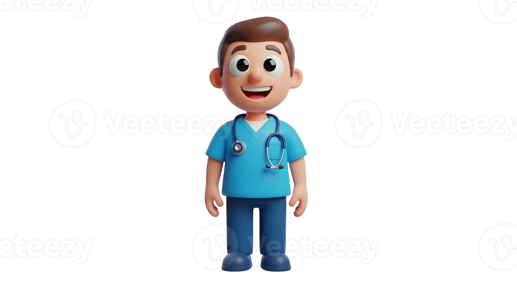 Happy male doctor 3d cartoon character wearing blue scrubs and stethoscope, medical concept on transparent background png