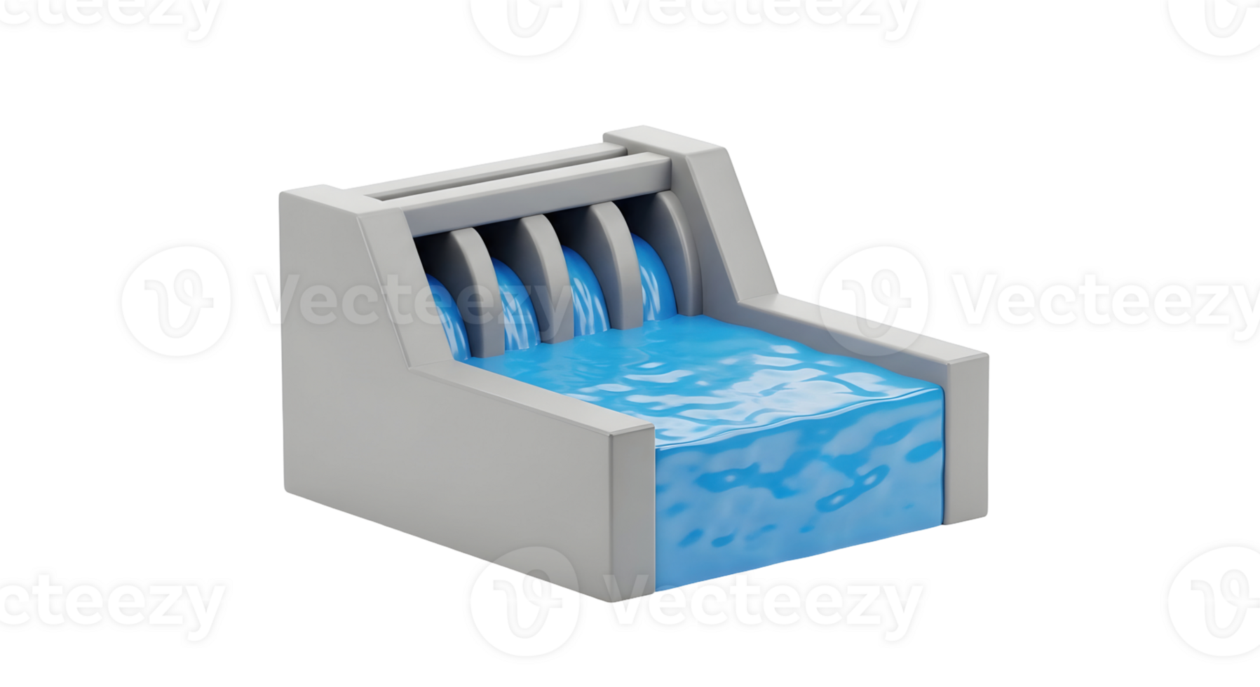 Hydroelectric dam with pouring water creating clean energy. Renewable power generation infrastructure on transparent background. png
