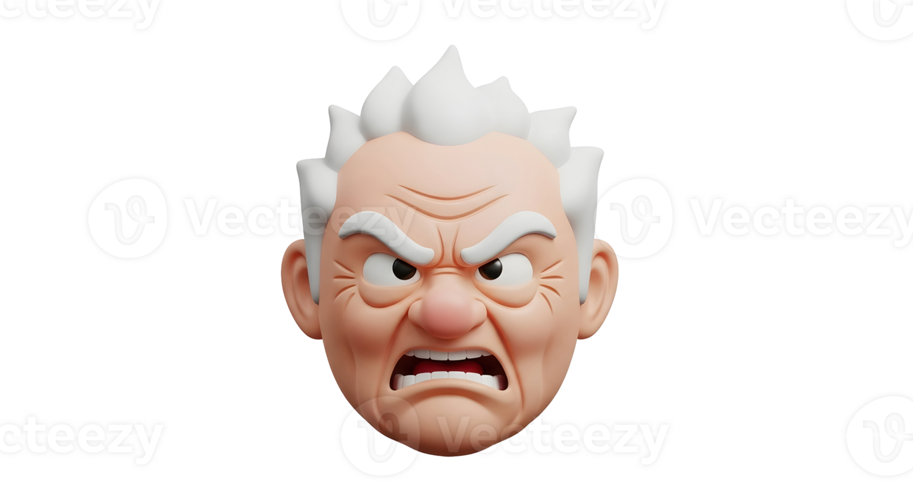 Displeased cartoon man face showing angry emotion. Stress and frustration concept on transparent background. Animated 3d character rendering. png