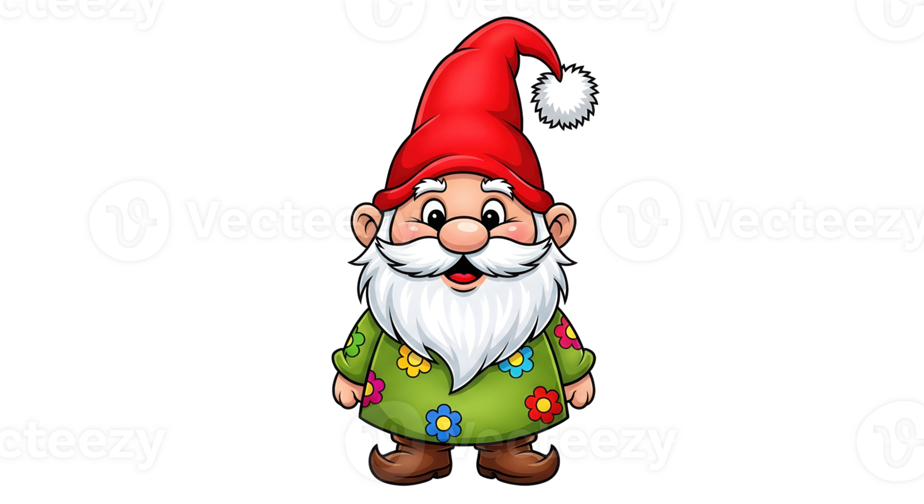 Cute garden gnome mascot with a red hat and white beard wearing a floral shirt on transparent background for spring garden decoration. png