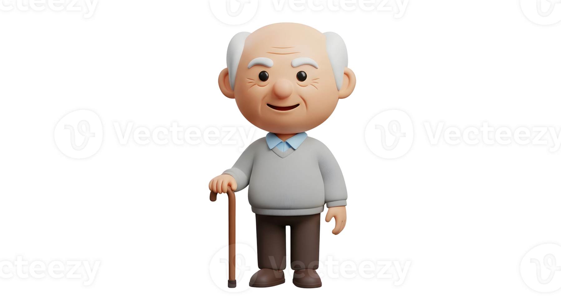 Cartoon senior man with a cane standing and smiling. Character design for elder care, retirement, and aging concepts on transparent background. png