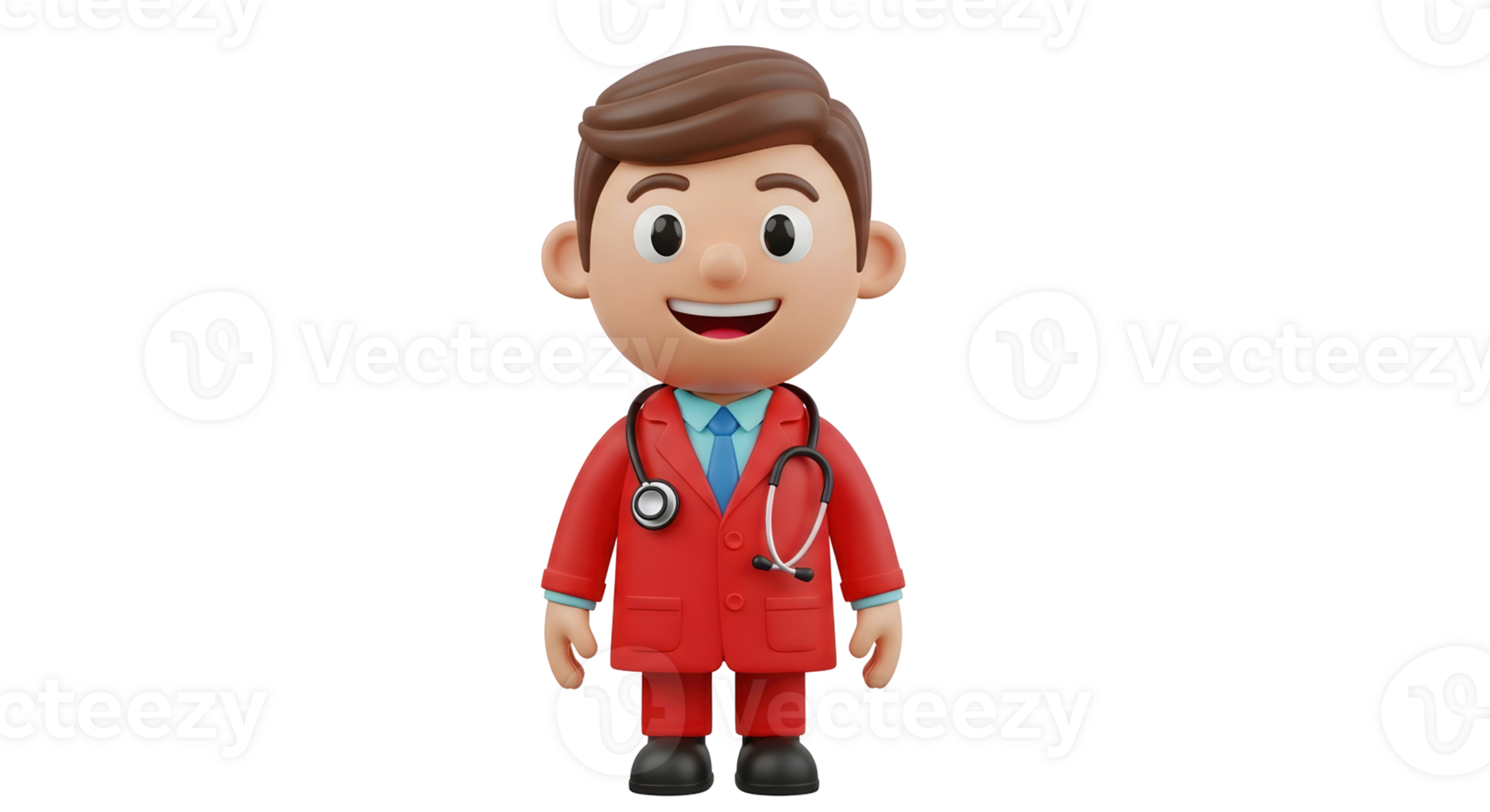 A happy male doctor in a red coat and stethoscope standing, on transparent background. Cute 3d cartoon medical professional illustration. png